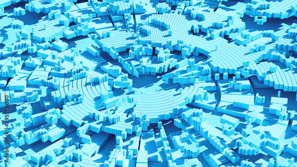 Poster 3d render of abstract circular shape divided in segments with hard shadow