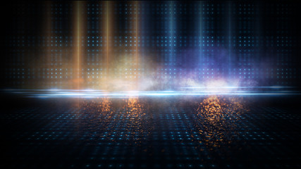 Wet asphalt, reflection of neon lights, a searchlight, smoke. Abstract light in a dark empty street with smoke, smog. Dark background scene of empty street, night view, night city.