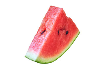 One piece of fresh watermelon in form of triangle with red ripe juicy pulp and seeds isolated on white background without shadow