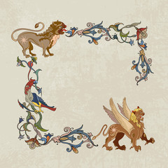 Medieval frame. Mythical creatures of the Renaissance era. Elegant baroque. Gothic style