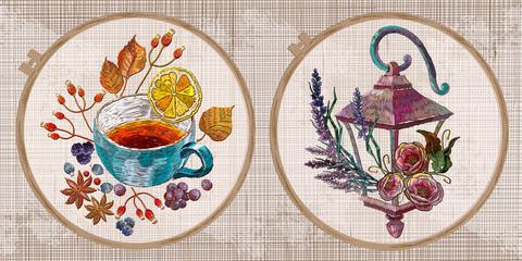 Embroidery collection. Vintage lantern and cap of herbal tea. Template tambour frame with a canvas, elements from stitches. Art for clothes © Matrioshka