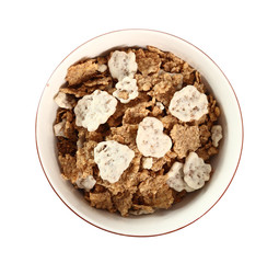 Muesli with freeze dried yogurt in bowl. Isolated with clipping path. Directly Above.