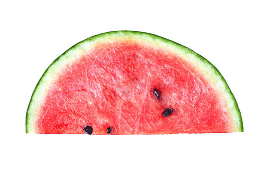 One part of fresh watermelon with red ripe juicy pulp and seeds isolated on white background without shadow. Top view