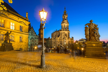 Fototapeta na wymiar Square at the Cathedral of Holy Trinity and Dresden Castle in Saxony at night, Germany