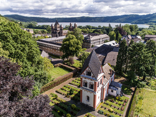Aerial view on Laacher See behind the famous abbey Maria Laach in Rhineland-Palatinate, Germany