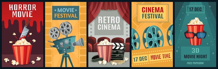 Movie poster. Horror film, cinema camera and retro movies night posters template. Old movie festival invitations cards, cinematography ticket or brochure vector illustration set - obrazy, fototapety, plakaty