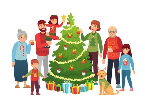 Cartoon christmas family portrait. Xmas tree decorations, happy people and big family decorated christmas tree. New Year 2020 holiday characters portrait postcard vector illustration