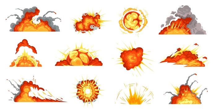 Cartoon explosions. Exploding bomb, fire cloud and explosion burst. Mobile game damage sign, comic bomb explode blast or dynamite storyboard. Isolated vector illustration icons set