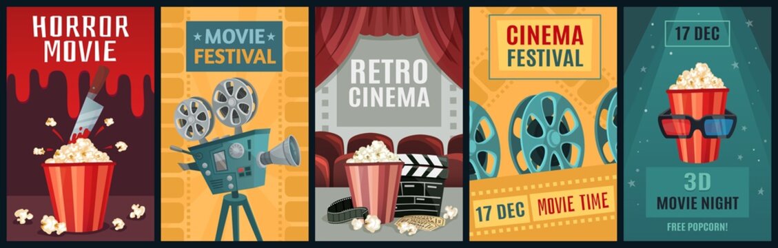 Movie poster. Horror film, cinema camera and retro movies night posters template. Old movie festival invitations cards, cinematography ticket or brochure vector illustration set