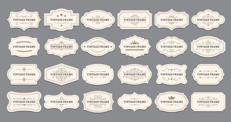 Ornamental label frames. Old ornate labels, decorative vintage frame and retro badge. Royal wedding insignia, sale sticker or invitation card. Isolated vector symbols set - obrazy, fototapety, plakaty