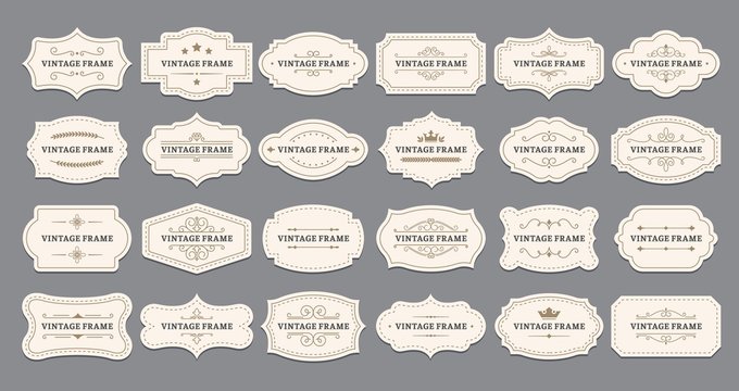 Ornamental label frames. Old ornate labels, decorative vintage frame and retro badge. Royal wedding insignia, sale sticker or invitation card. Isolated vector symbols set