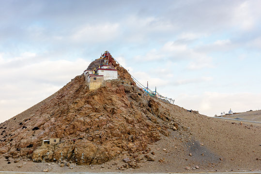 China, Tibet, Chiu Gompa monastery on a hill on the shore of lake Manasa.