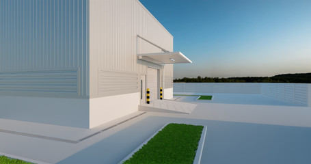 Fototapeta premium Commercial or industrial facade. That is a property use as factory, warehouse, hangar or workplace. Modern exterior design with roller door and metal wall. Stone brick paving at outdoor. 3d render.