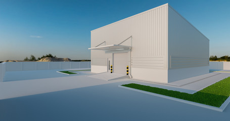 Obraz premium Warehouse or industry building exterior. Use as distribution center for loading, storage, warehousing, shipping and freight forwarding of cargo. Outdoor floor paving with brick stone. 3d render.
