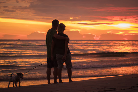 Happy couple hugging on the beach in colorful sunset with dog