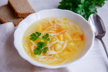 Chicken noodle soup on white background