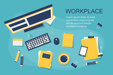Workplace web banner. Office workspace and business