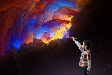 Concept of early childhood education, painting, talent. Boy are Imagine coloring with brush on...