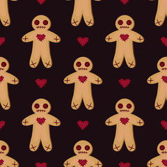 Vector seamless pattern with voodoo dolls on dark red background. Halloween background for greeting card, gift box, wallpaper, fabric, textile, package, web design.