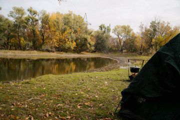 Hiking pot, Bowler in the bonfire. Fish soup boils in cauldron at the stake.