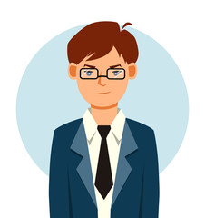 Business Man Male Isolated Flat Design. Businessman with glasses. Vector illustration