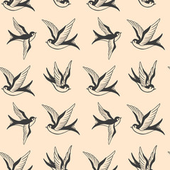 Obraz na płótnie Canvas Seamless pattern with swallows in old school tattoo style. For poster, card, banner, flyer. Vector illustration