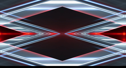 Abstract light tunnel, portal, corridor. Dark night scene neon background with rays and lines. Symmetric reflection.