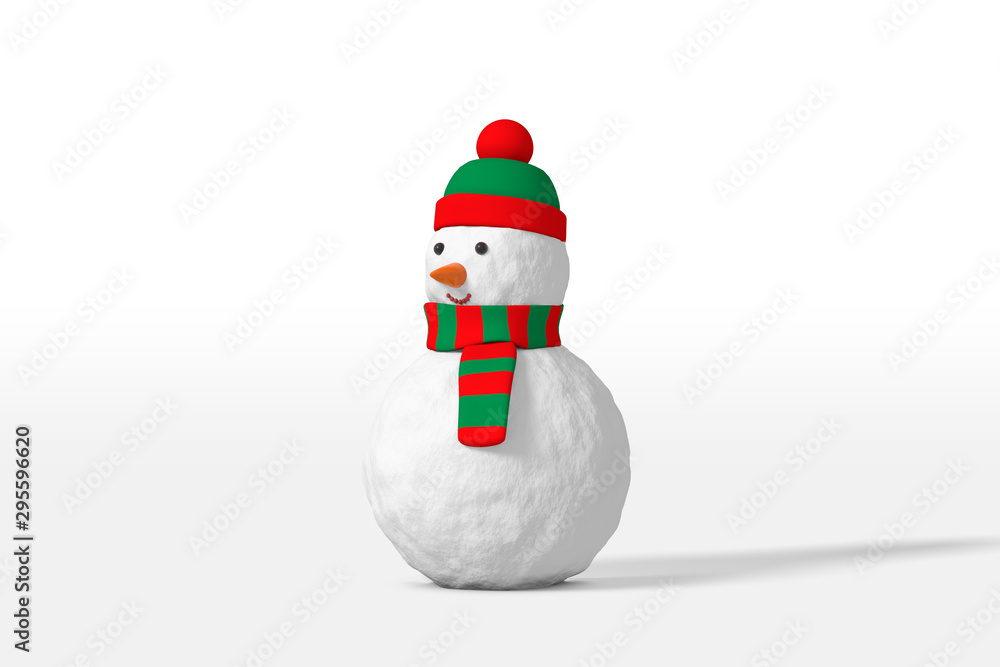 Poster 3d rendering of a funny snowman in a hat and scarf of red green color isolated on a white background