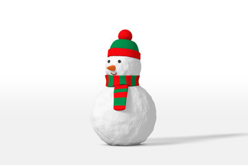 3d rendering of a funny snowman in a hat and scarf of red green color isolated on a white background. Cartoon minimalistic toy style.