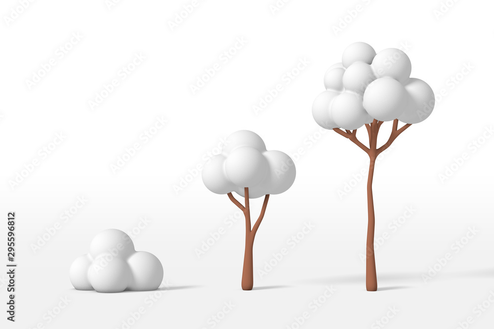 Poster 3d rendering of a tree kit - small, medium, large covered with white snow isolated on a white backgr