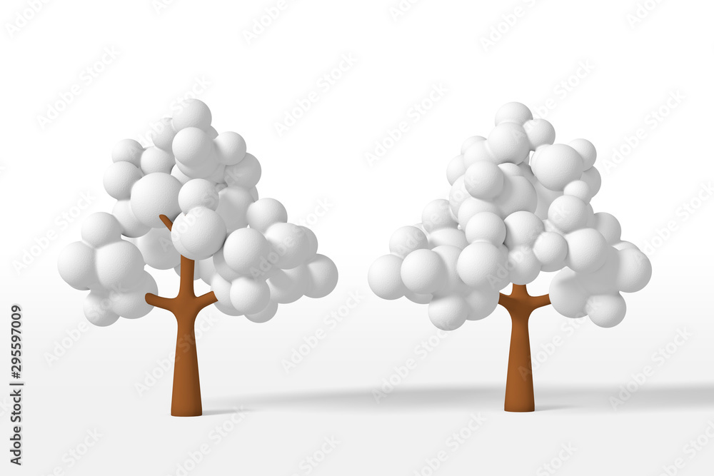 Poster 3d rendering set of a tree covered with white snow isolated on a white background. cartoon minimalis