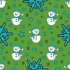 Christmas seamless pattern with snowman, fir trees and snowflakes. Perfect for wallpaper, wrapping paper, pattern fills, winter greetings, web page background
