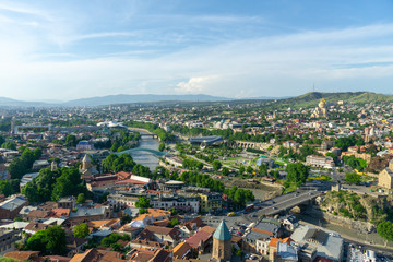 The historic center of Tbilisi. Georgia country. Panorama of the city. Peace Bridge.
