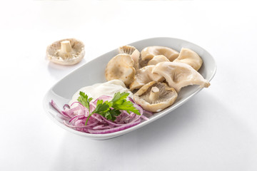 Pickled milk mushrooms with red onion and sour cream on white plate isolated on white background