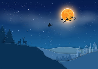 Paper art deer family on monotone blue landscape background,Santa Claus coming to the city on winter night