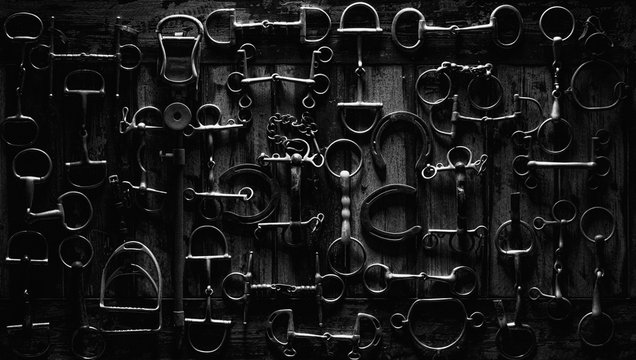 top down photo of horse equipment, bits & shoes on a wooden table in black & white.