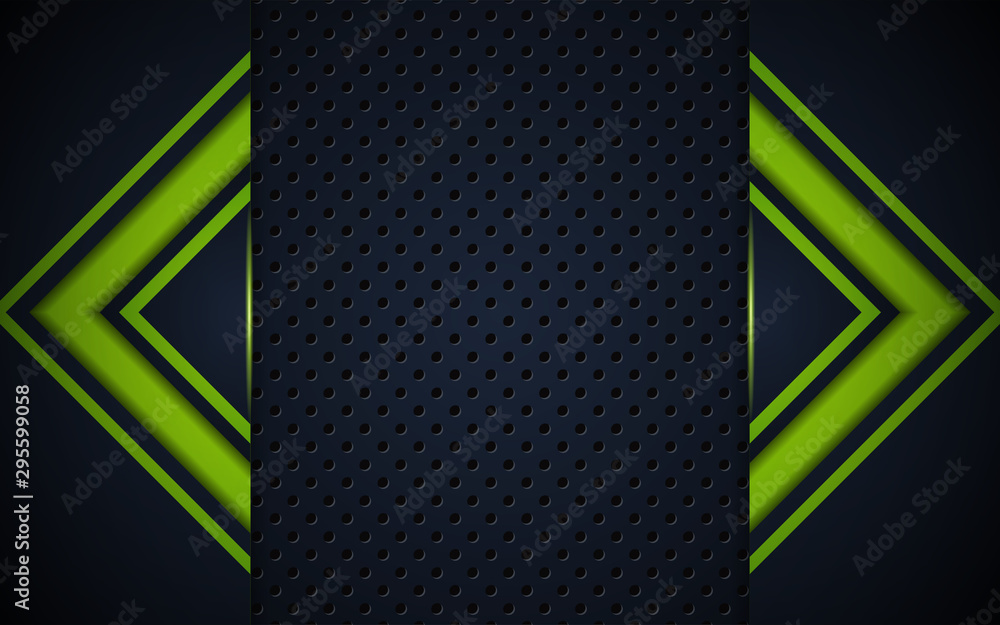Poster abstract green light metal shapes on dark background texture. technology vector style design for use
