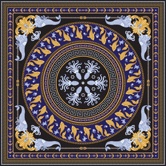 Vector shawl print on a dark blue and black background. Fashionable gold chains and anchors pattern, Baroque fantasy scroll, blue mermaid, octopus, fish and pearls. Scarf, bandana, neckerchief, silk 