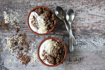 Healthy breakfast with coconut yogurt and granola. Vegan breakfast. Keto diet.