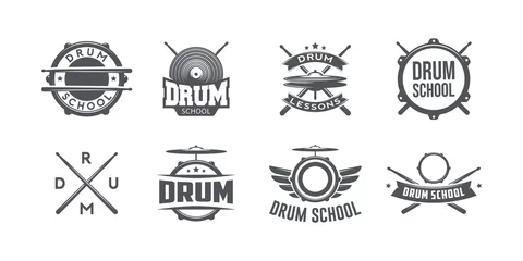 Fotobehang Vector logo of drum school. Logotype, symbol, icon, graphic, vector. Rock music. Drumkit tools. Isolated on white background. © dosunets