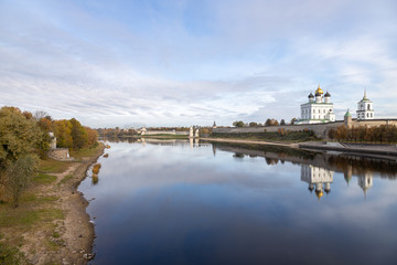 Bank of the Velikaya river. Pskov Kremlin. Trinity cathedral, Pskov, Russia