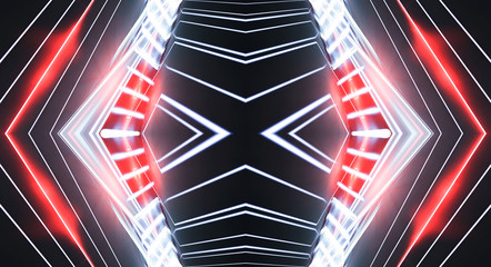 Obraz premium Abstract light tunnel, portal, corridor. Dark night scene neon background with rays and lines. Symmetric reflection.
