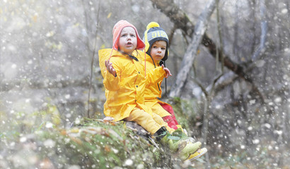 Toddlers on a walk in the autumn park. First frost and the first snow in the autumn forest. Children play in the park with snow and leaves.