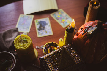  Mystical atmosphere, view of tarot card on the table, esoteric concept, fortune telling and...