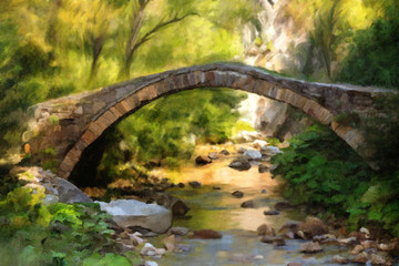 old stone bridge in the mountains, digital oil painting 