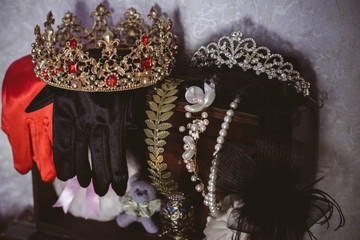 Vintage box with stylish jewelry with stones. Concept of femininity, inspiration for gorgeous woman