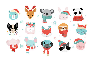 Collection of Christmas cute animals, Merry Christmas illustrations of panda, fox, llama, sloth, cat and dog with winter accessories