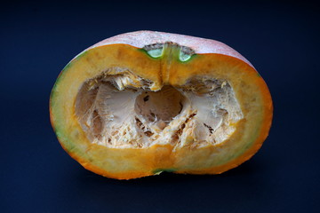 A small ripe pumpkin on a dark background. Studio photo. The concept of healthy eating.