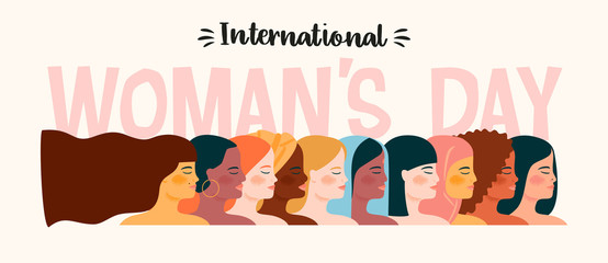 International Womens Day. Vector illustration with women different nationalities and cultures.