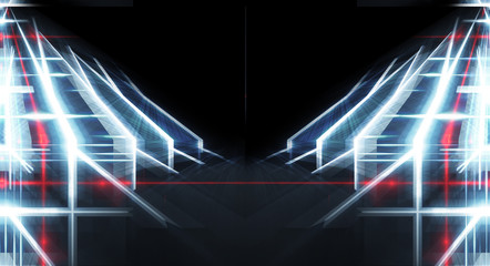 Naklejka premium Abstract light tunnel, portal, corridor. Dark night scene neon background with rays and lines. Symmetric reflection.